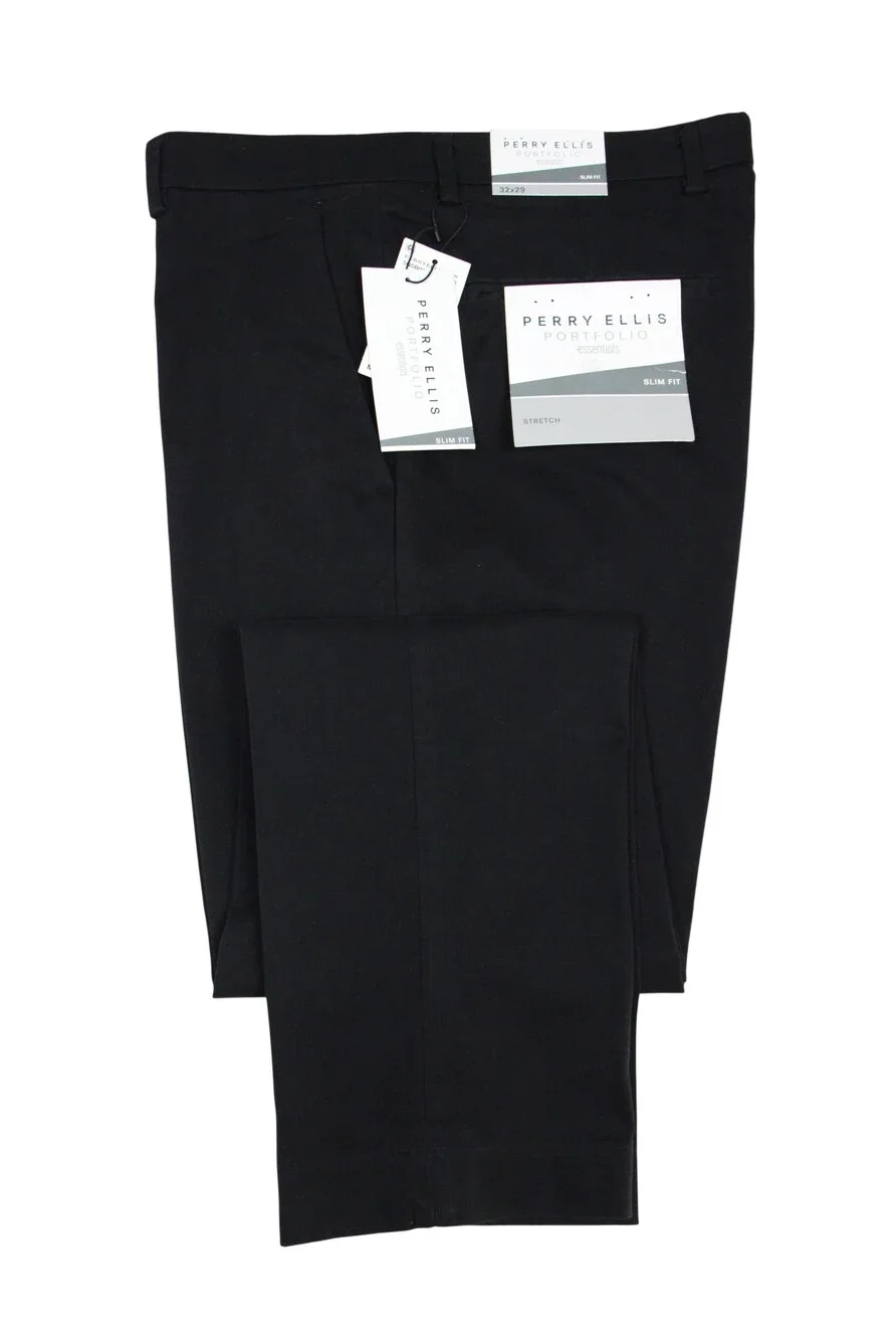 Perry Ellis Portfolio Essentials Pants Mens 32x29 Black Slim Fit Stretch Dress